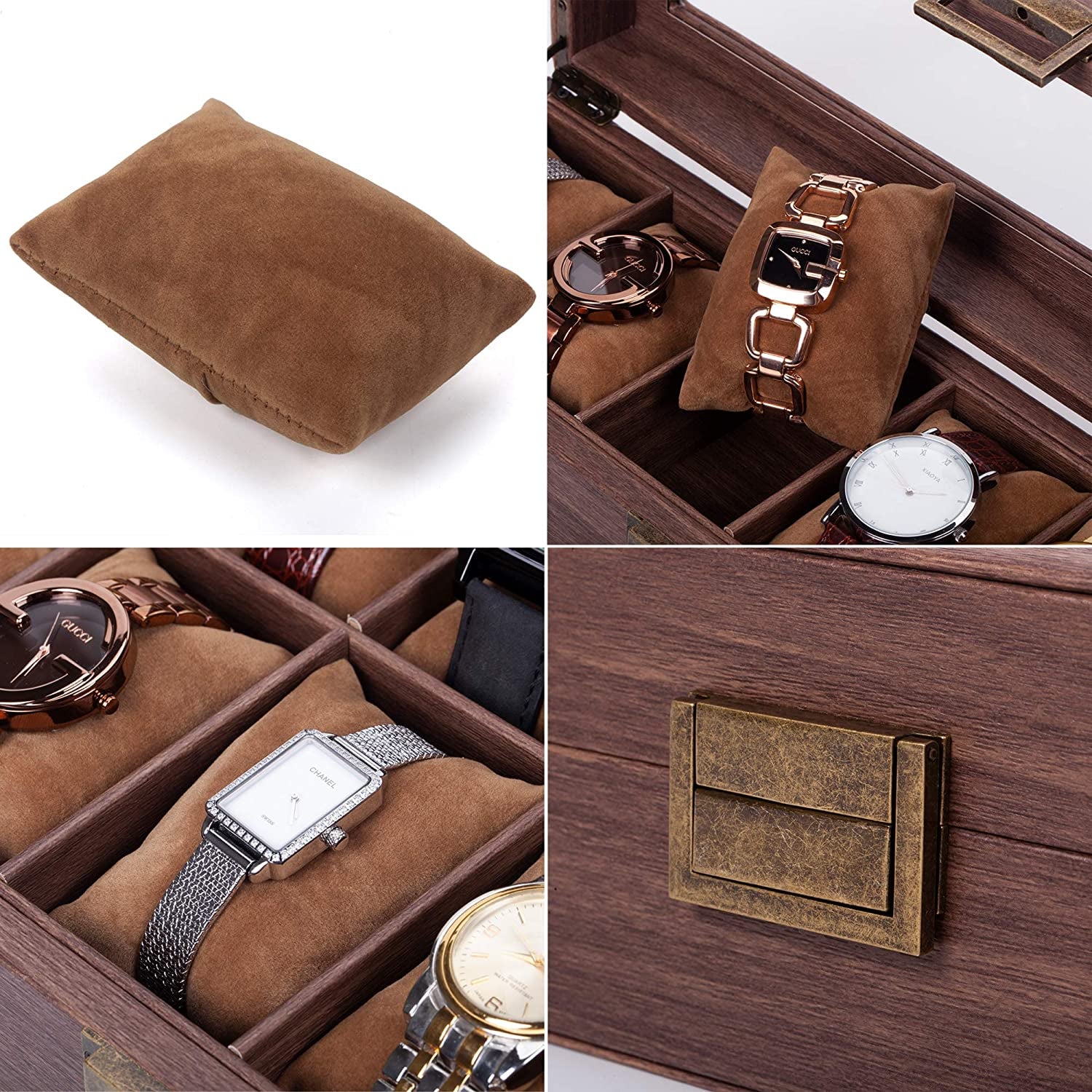 12 Slot PU Leather Watch Box Organizer Watch Case with Glass Top